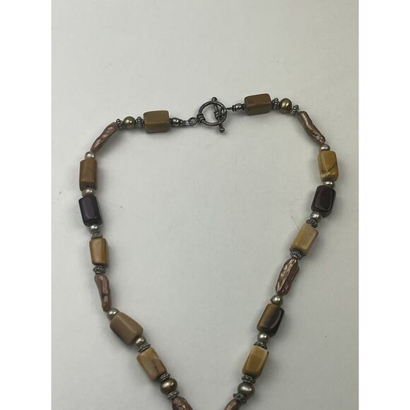 Sterling Silver Real Pearl Ceramic & Stone Necklace Toggle Clasp 16" Fall Colors - Picture 6 of 12